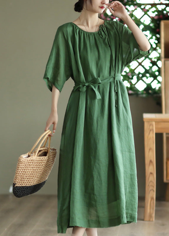 Green Tie Waist Long Dress Half Sleeve