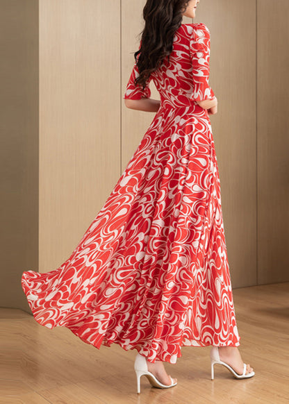 Red V Neck Print Chiffon Long Dress Summer