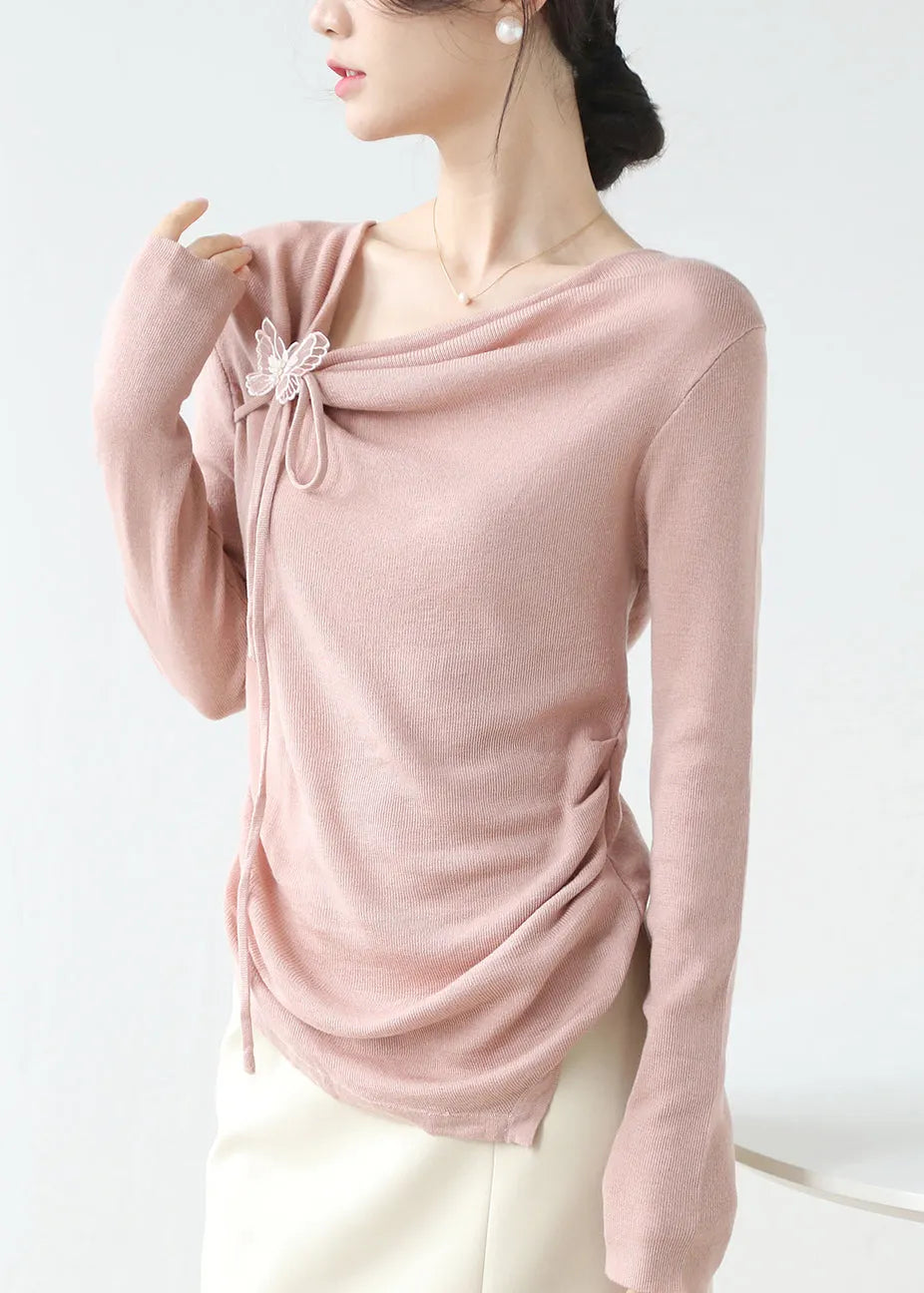 French Pink Asymmetrical Wrinkled Knit Top Spring