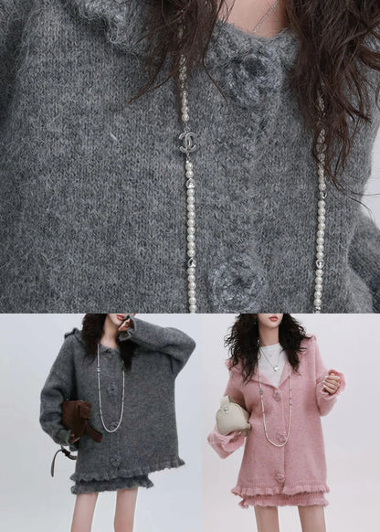 Pink Ruffled Patchwork Cotton Knit Hooded Cardigan and Skirts Two Piece Set Spring