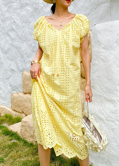 Boutique Yellow O-neck Hollow Out Knitted Cotton Long Dress Summer