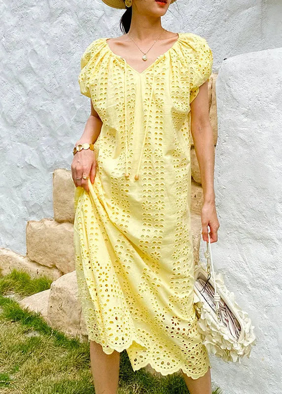 Boutique Yellow O-neck Hollow Out Knitted Cotton Long Dress Summer