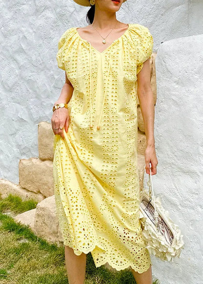 Boutique Yellow O-neck Hollow Out Knitted Cotton Long Dress Summer