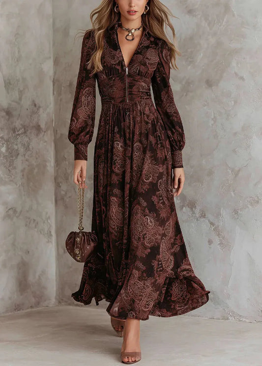 Chocolate V Neck Zip Up Print Cotton Long Dress Fall