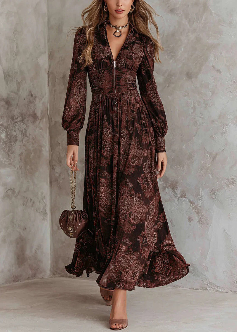 Chocolate V Neck Zip Up Print Cotton Long Dress Fall
