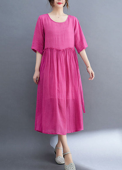 Rose O-neck Ruffled Exra Large Hem Color Linen Holiday Dress Half Sleeve