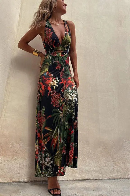 Rainforest Paradise Tropical Print Cutout Back Crossover Stretch Maxi Dress