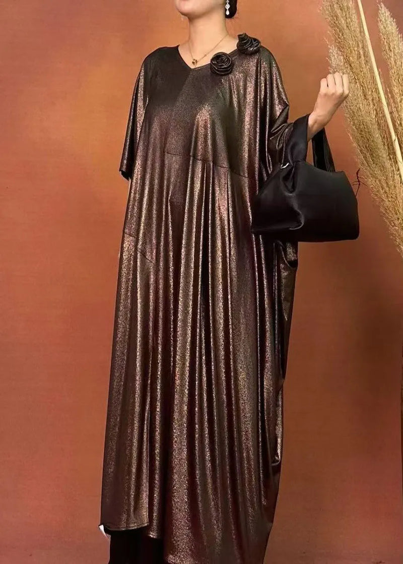 Loose Brown O-neck Patchwork Silk Maxi Dresses Spring