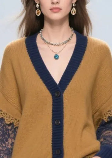 Brown Oversized Hollow Out Patchwork Lace Cardigans Fall