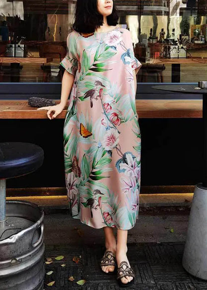 Pink O Neck Print Silk Long Dresses Summer