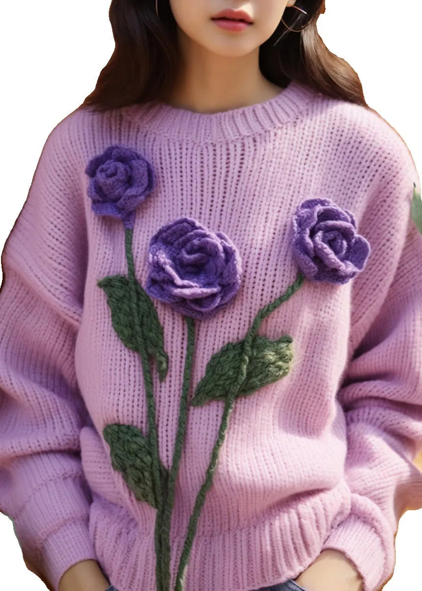 Purple Hollow Out Knit Sweaters Winter