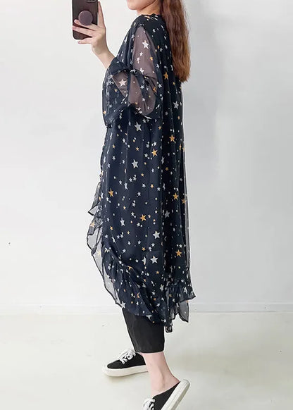 Navy Ruffled Print Chiffon Upf 50+ Cardigan Summer
