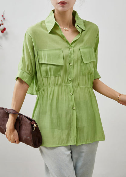 Green Cinched Silm Fit Cotton Blouse Top Summer