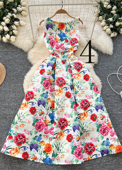 Flower Print Exra Large Hem Silk Tea Dress Sleeveless