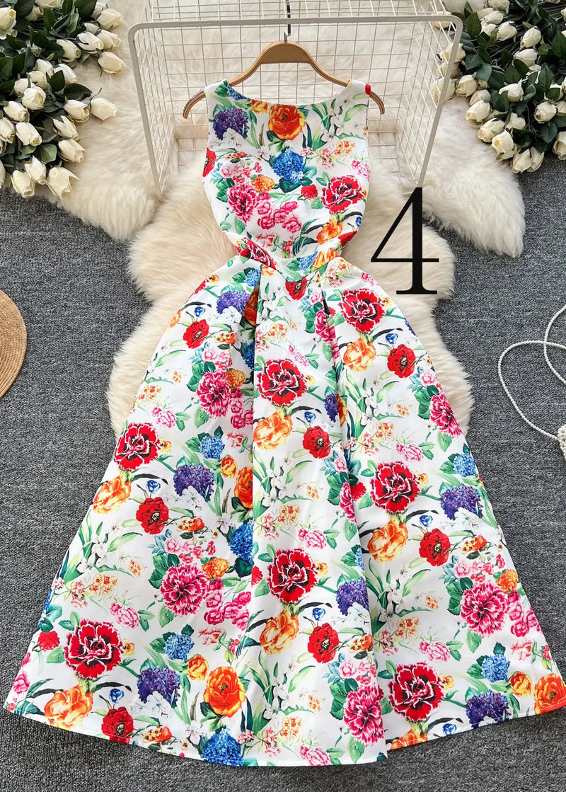 Flower Print Exra Large Hem Silk Tea Dress Sleeveless