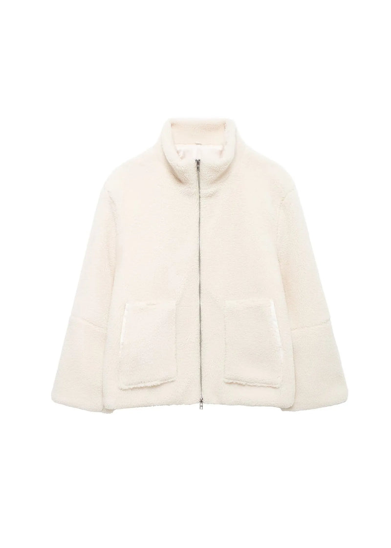 Style Khaki Zip Up Pockets Faux Fur Coat Outwear Winter