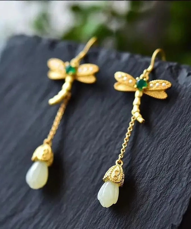 Gold Sterling Silver Overgild Inlaid Jade Tassel Dragonfly Drop Earrings