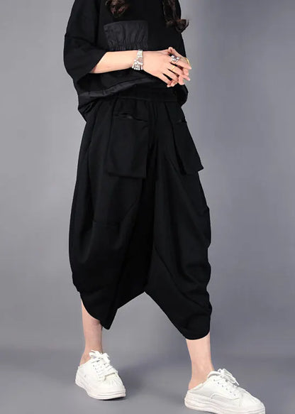 Black Asymmetrical Cotton Harem Pants Spring