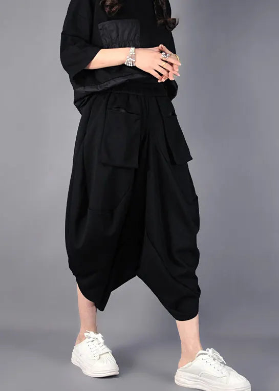 Black Asymmetrical Cotton Harem Pants Spring