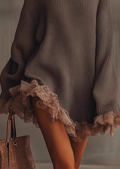Brown Hign Neck Ruffled Patchwork Knit Sweater Dress Winter