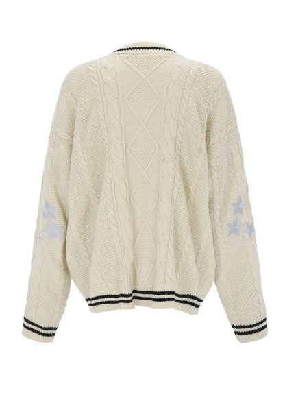 White V Neck Embroidered Knit Cardigan Fall