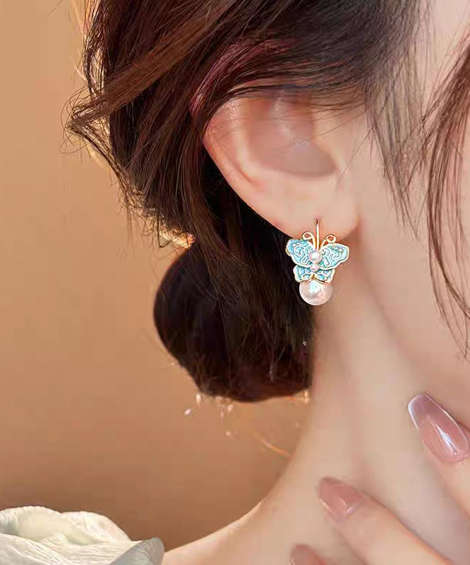 Blue Copper Alloy Enamel Butterfly Pearl Stud Earrings