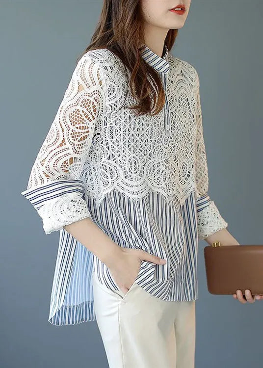 Italian Blue Striped Lace Patchwork Cotton Shirt Spring