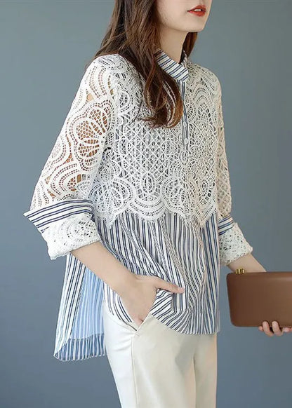 Italian Blue Striped Lace Patchwork Cotton Shirt Spring
