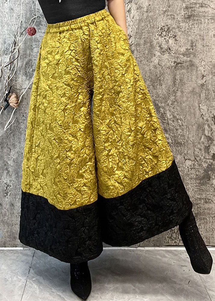 Yellow Pockets Jacquard Patchwork Silk Wide Leg Pants Spring