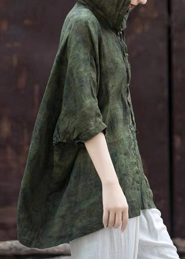 Blackish Green Print Button Hooded Top Summer
