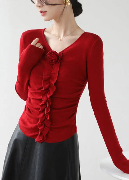 Fitted Red V Neck Ruffled Knit Top Spring