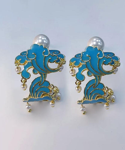 Blue Sterling Silver Cloisonne Enamel Pearl Tassel Hoop Earrings