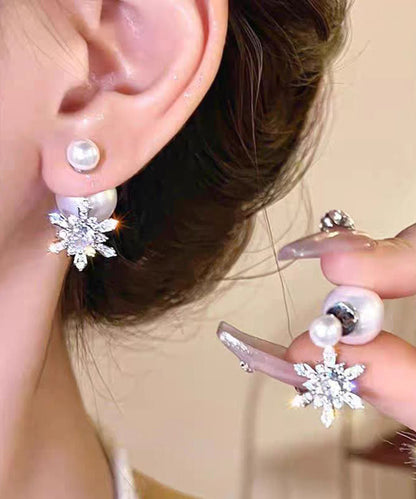 White Copper Zircon Pearl Butterfly Stud Earrings