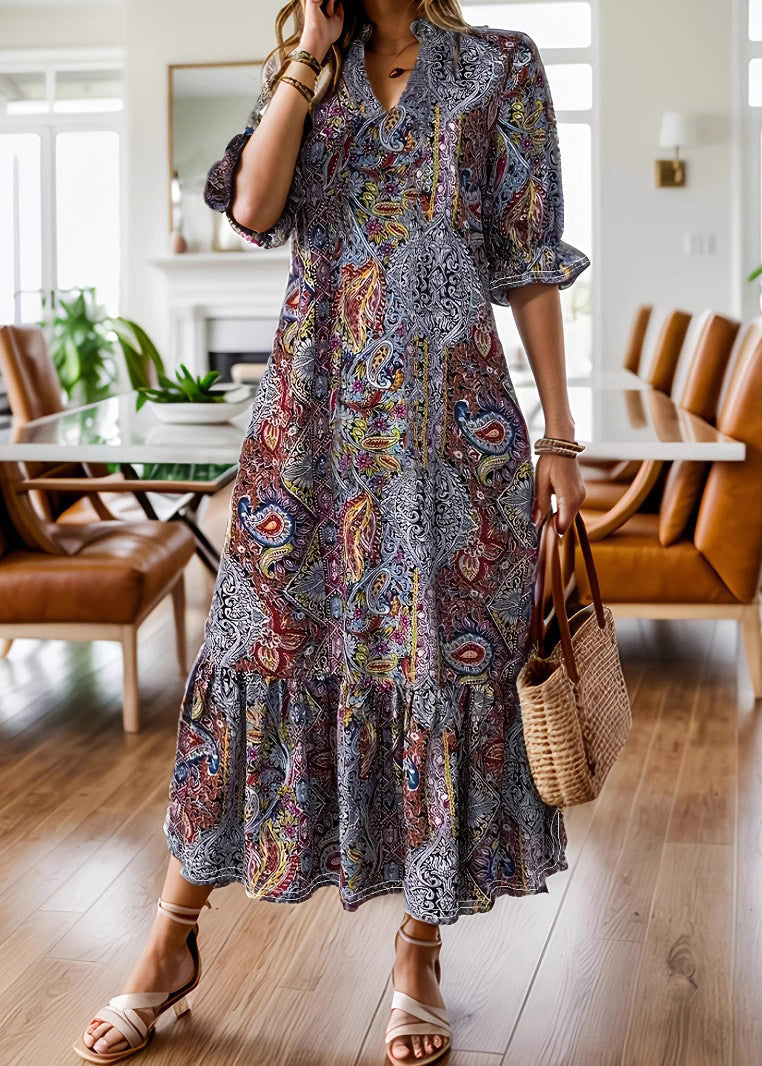 Red V Neck Print Wrinkled Patchwork Cotton Long Dresses Summer