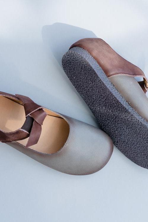 Gray Bow Knot Leather Flat Shoes for