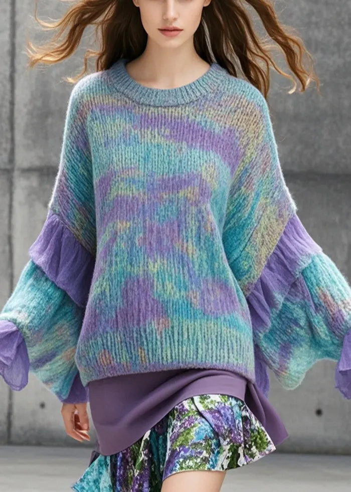 Unique Multicolor Oversized Patchwork Tulle Knit Long Sweater Fall