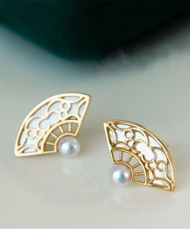 Retro Orange Copper Overgild Gold Fan-shaped Shell Stud Earrings