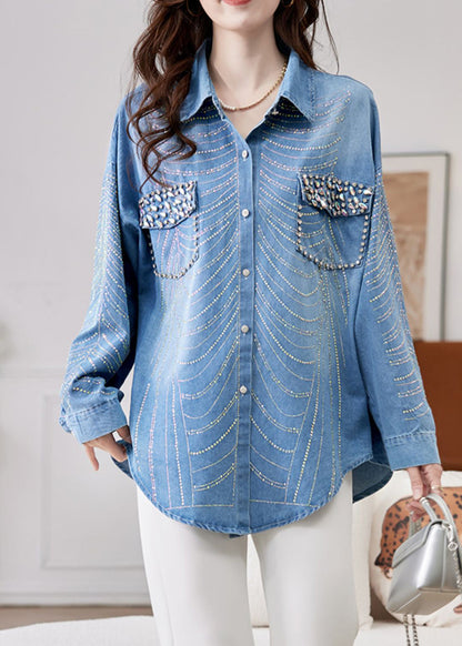 Blue Nail Bead Zircon Button Denim Shirts Spring