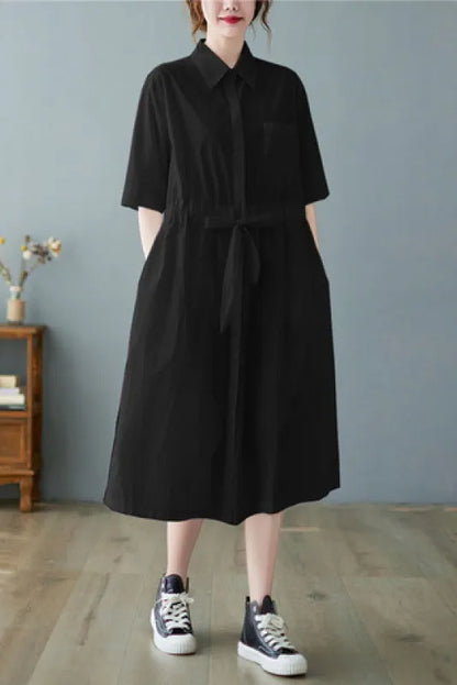 New Loose Lace-up Color Shirt Dress