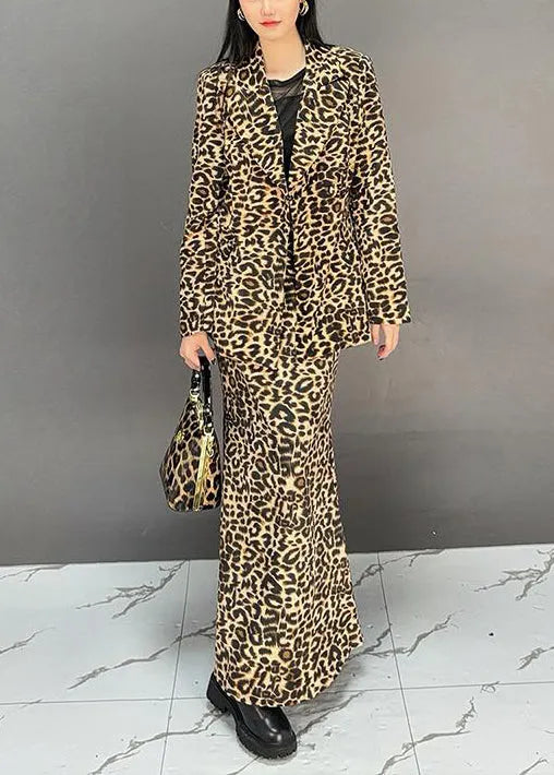 Leopard Coat and Skirts Two Pieces Set Fall