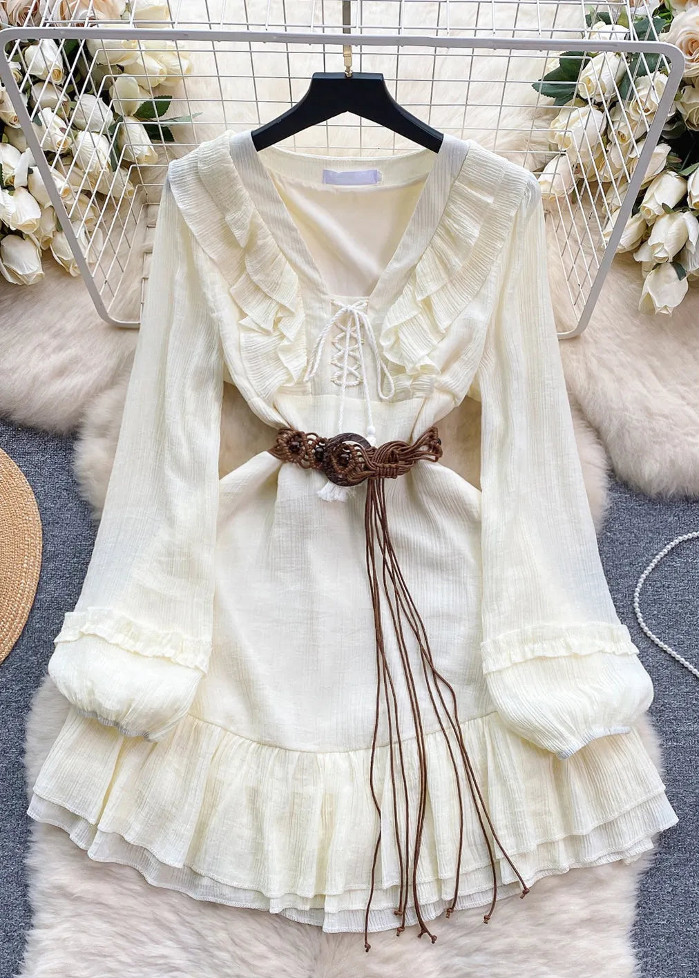 White Ruffled Lace Up Cotton Mid Dress Long Sleeve