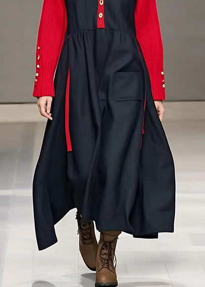Black Turtleneck Patchwork Maxi Dresses Long Sleeve