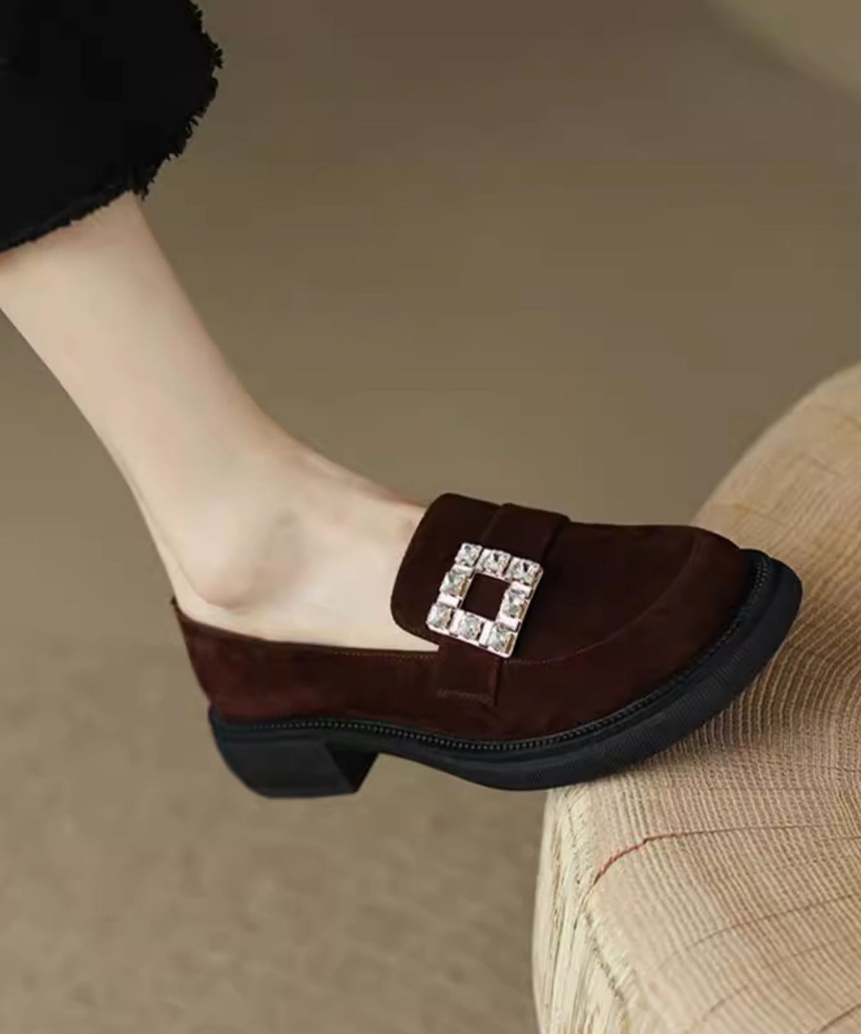 Brown Chunky Suede Zircon Splicing Loafer Shoes