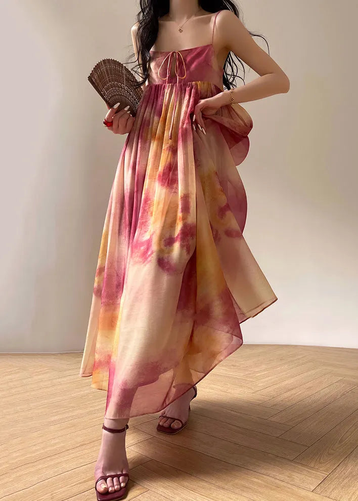 Italian Colorblock Lace Up Wrinkled Silk Spaghetti Strap Dress Sleeveless