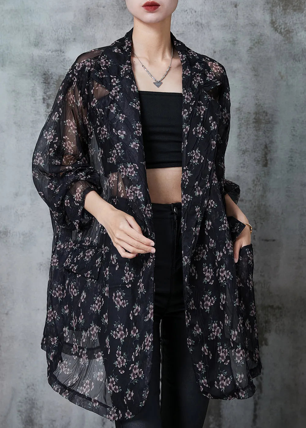 Black Oversized Print Chiffon Cardigan Summer