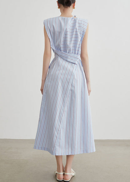 Striped Hollow Out Side Open Cotton Long Dress Sleeveless