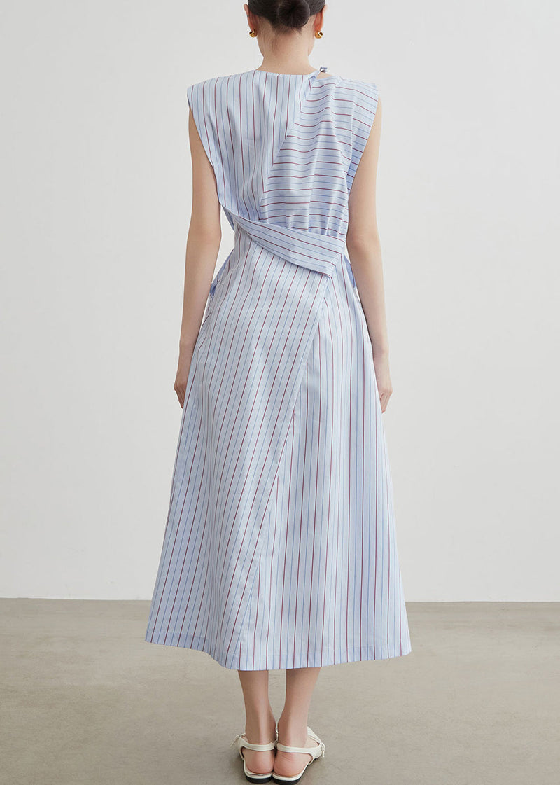 Striped Hollow Out Side Open Cotton Long Dress Sleeveless