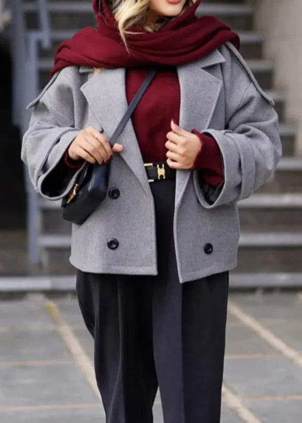 Grey Peter Pan Collar Button Woolen Coats Winter