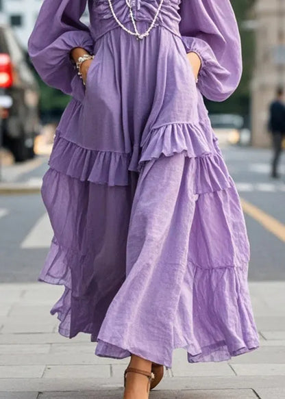 Purple Cold Shoulder Wrinkled Cotton Vacation Dresses Lantern Sleeve