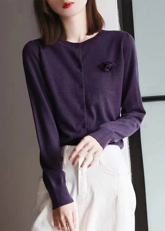 Purple O Neck Patchwork Woolen Knit Cardigans Fall